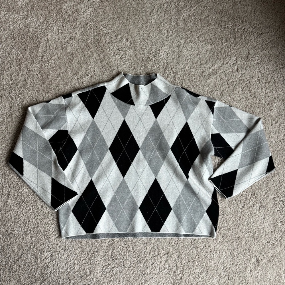 Anthropologie Maeve Cary’s Mock Neck Argyle Pullover Knit Sweater Gray White MED - Picture 4 of 10